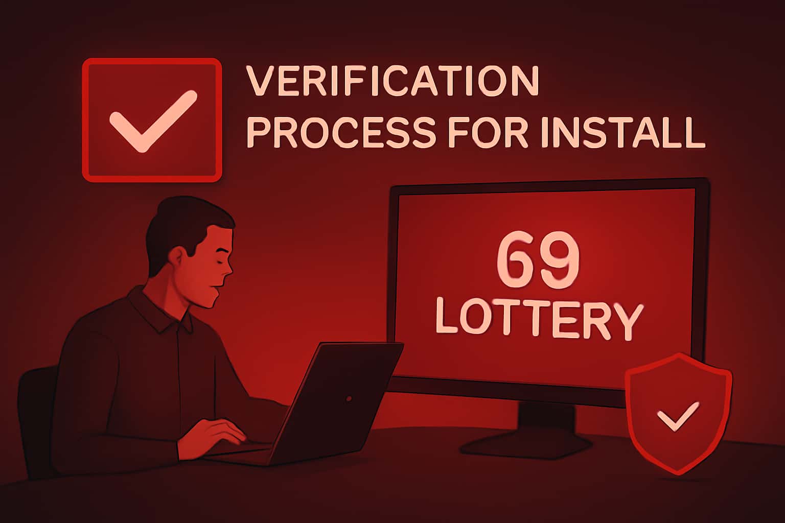 A high-tech illustration of the verification process for the 69 Lottery app installation.